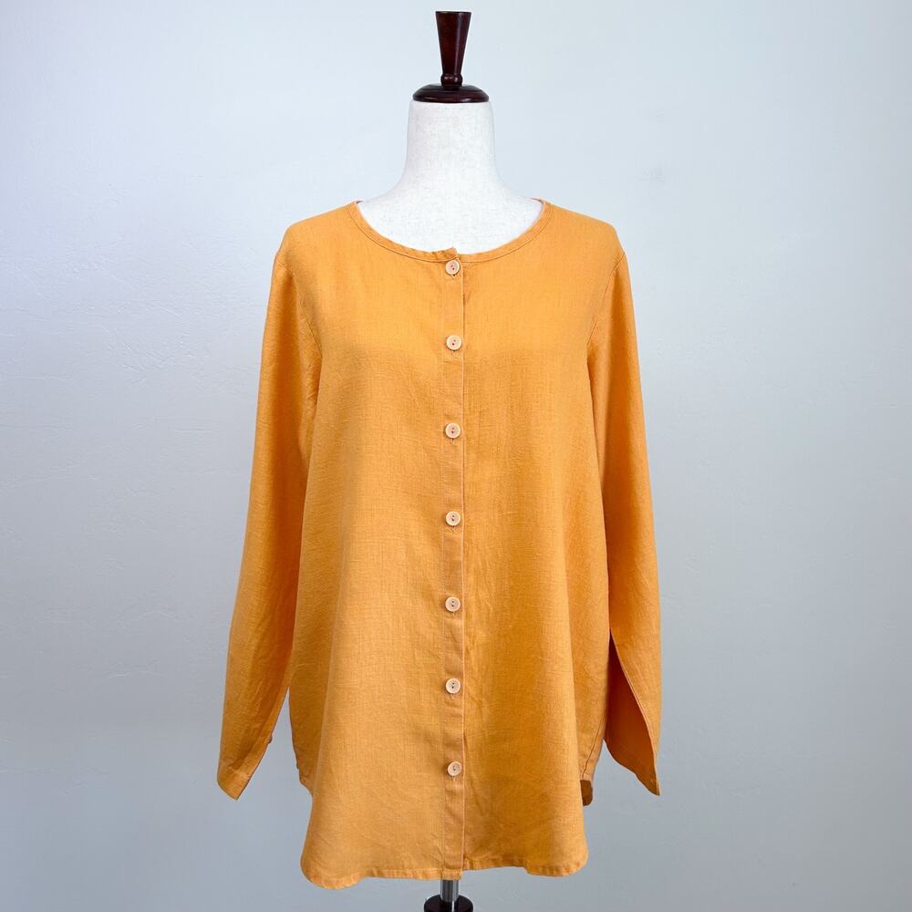 Flax 100% Linen Woven Button Front Roll Tab Long Sleeve Crewneck Shirt LARGE